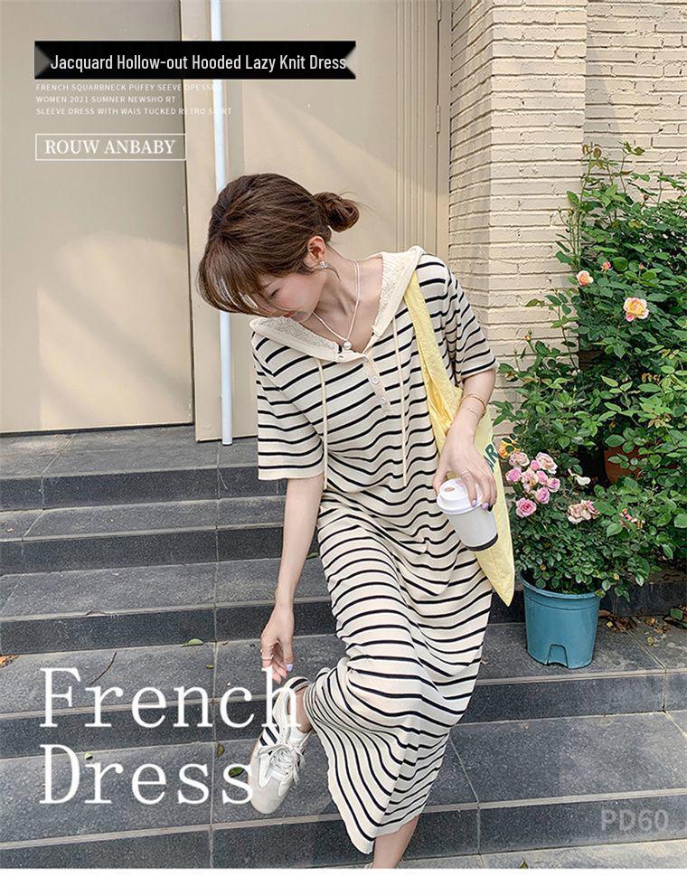 Korean Casual Striped Knit Hoodie Dress for Women, Summer College Style
