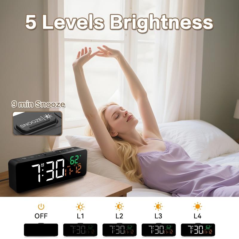 USB Powered Digital Alarm Clock TEMP Date Display 5 Levels Brightness Snooze Table Clock 3 Levels Alarm Volume 12/24H LED Clock