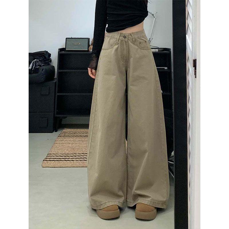 

Spring Khaki High-Waisted Wide-Leg Women s Jeans - Spicy Girl Style, Loose Fit, Floor-Length. 2XL (for 135-155 lbs)