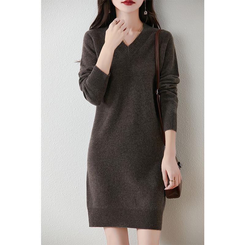 Women's V-Neck Mid-Length Cashmere Knit Dress - Loose Sheath Pullover, 100% Pure Cashmere