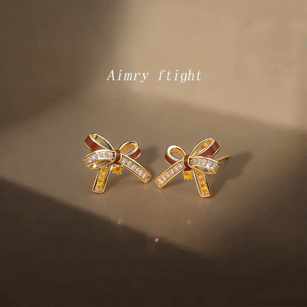 Original micro-inlaid zircon needle burgundy bow earrings, earrings, jewelry supply
