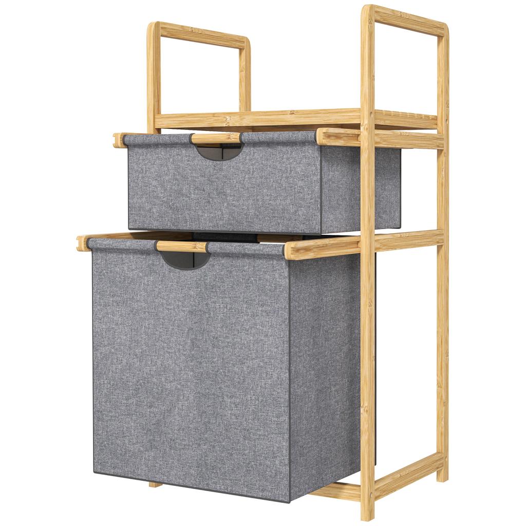 Bamboo Laundry Basket, 2 Sliding Bags, Slatted Shelf, Natural