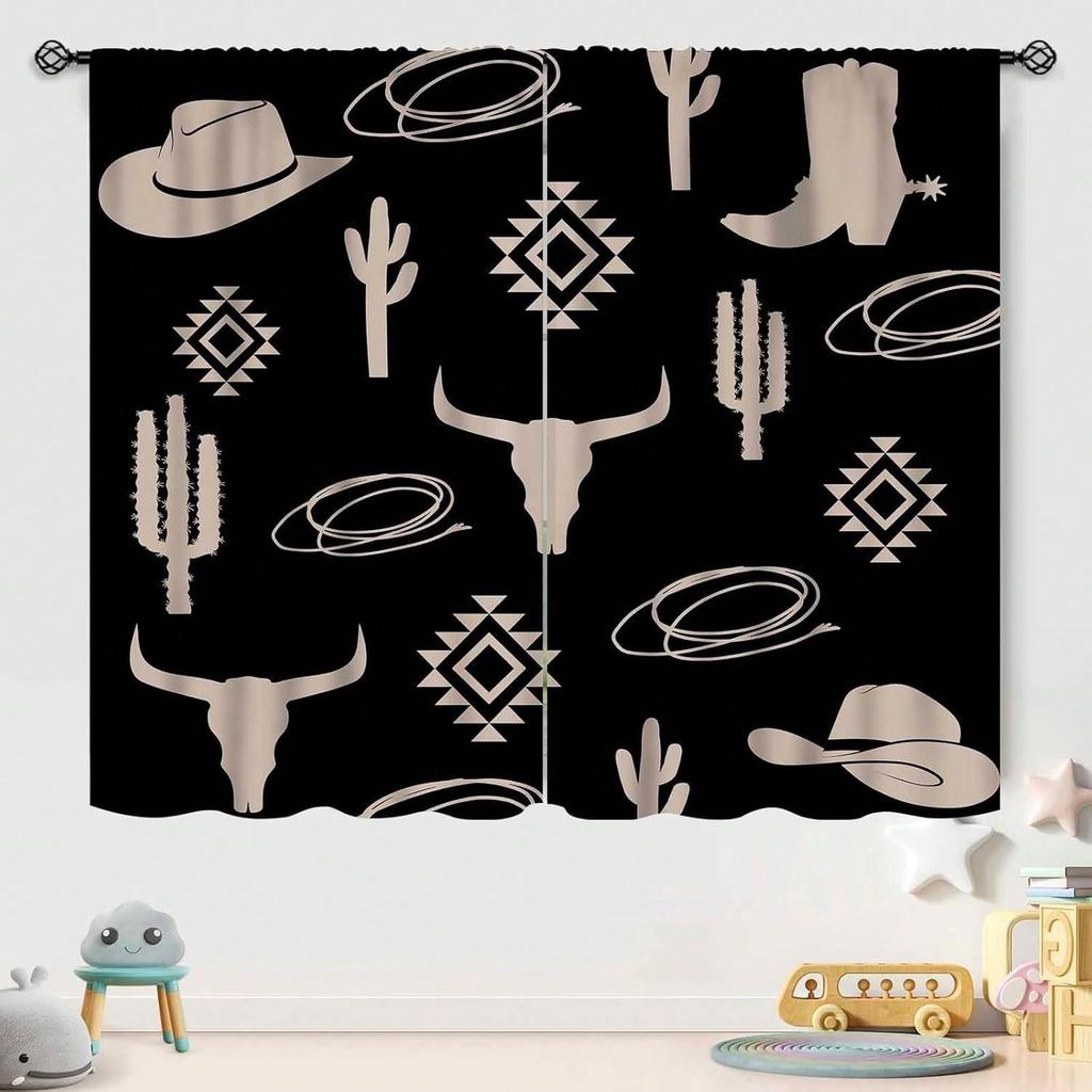 Western  Curtains  Retro Bull Skull Southwestern Boho Vintage Geometric   Retro  Native Black Window Treatments For Bedroom Livin