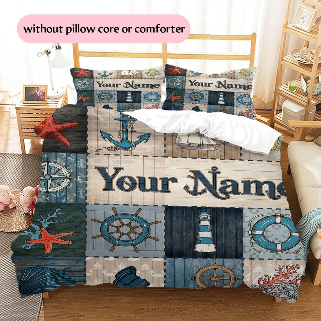 Custom Name,Nautical Ocean Pattern Bedding Home Decoration Birthday Gift ( 1 Duvet Cover + 2 Pillowcase, Without Core),fan Merchandise.