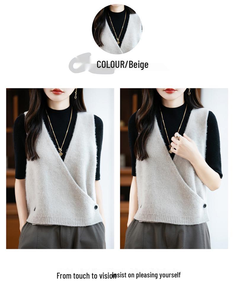 Women's V-neck 100% Pure Wool Sweater Vest - Loose Knit Solid Color Cashmere Pullover/Cardigan for Autumn & Winter.
