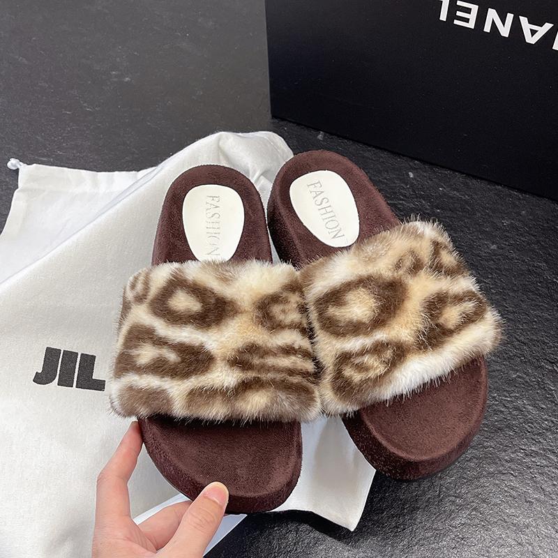 Fashion Fashion Leopard Print Fur Slippers for Women Open Toe Soft Sole Furry House Shoes Woman Winter Warm Comfort Indoor Home Slippers