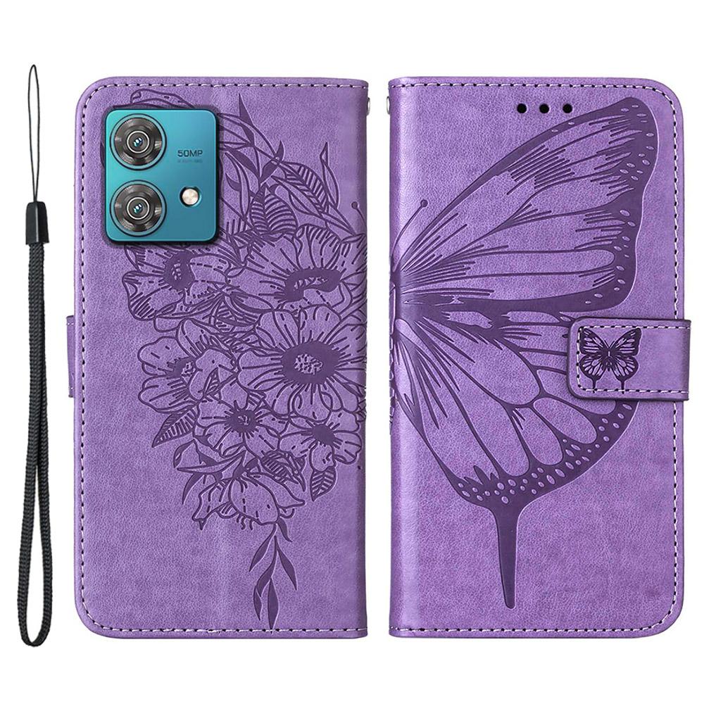 For Motorola Edge 40 Neo 5G Wallet Case with Wrist Strap Butterfly Imprint Leather Phone Cover