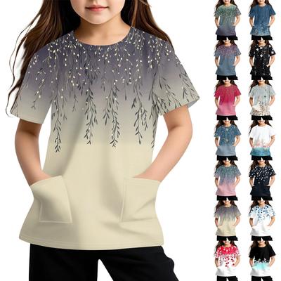 Children's Short Sleeve Pocket Tops Casual  Print T Shirt Round Neck Pullover Blouse
