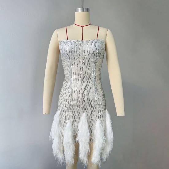 Women Evening Dress Sequin Fluffy Fur Decor Sleeveless Off Shoulder Skinny Sheath Backless