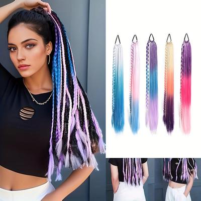 Elegante 27 Zoll lange, farbige synthetische Pferdeschwanzperücke, geeignet für Frauen – hitzebeständige, glitzernde geflochtene Haarverlängerungen verleihen Charme