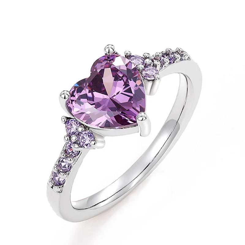

925 Sterling Silve Sparkling Zircon White Purple Elegant Love Heart Rings for Women Party Engagement High Quality Fine Zircon 6 фиолетовый
