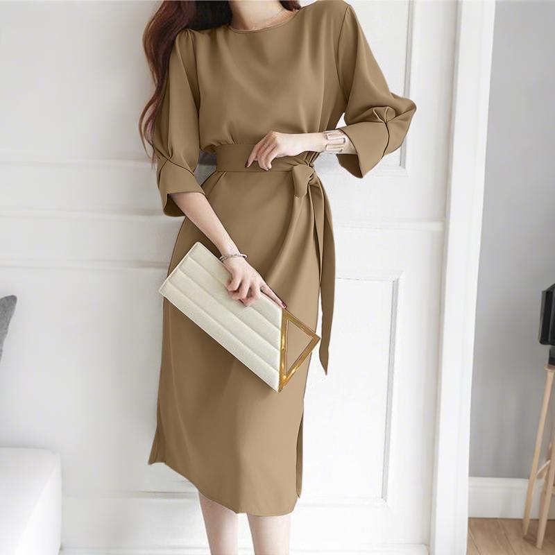 ZANZEA Women Casual Round Neck Loose 3/4 Sleeve Dress