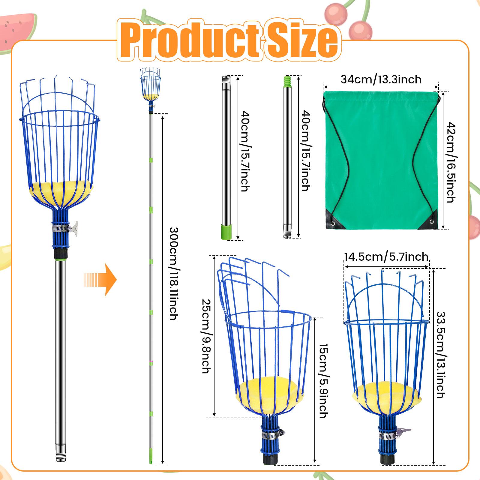 

Плодосборник с корзиной Нержавеющая сталь Палка для сбора фруктов Инструмент Регулируемая длина Палка для сбора апельсинов Захват для фруктов для высоких мест 3.2m