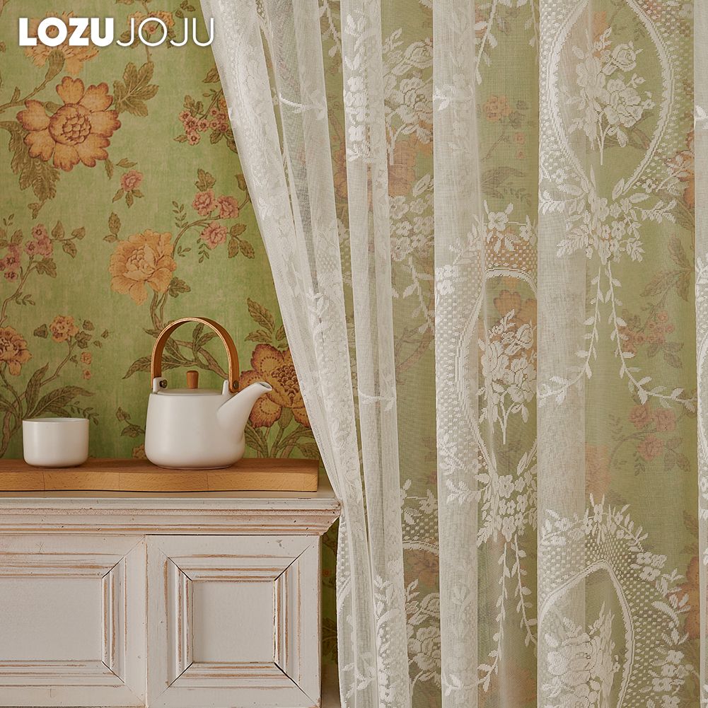 1PC LOZUJOJU French White Lace Curtain Retro Palace Style Sheer Curtain Solid Color Tulle for Living Room Bedroom Balcony Home Decor