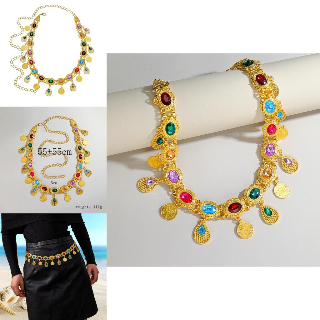 Modern Arabic Jewelry Gold Alloy Acrylic Gem Waist Chain With Hollow Design For Female Fashion