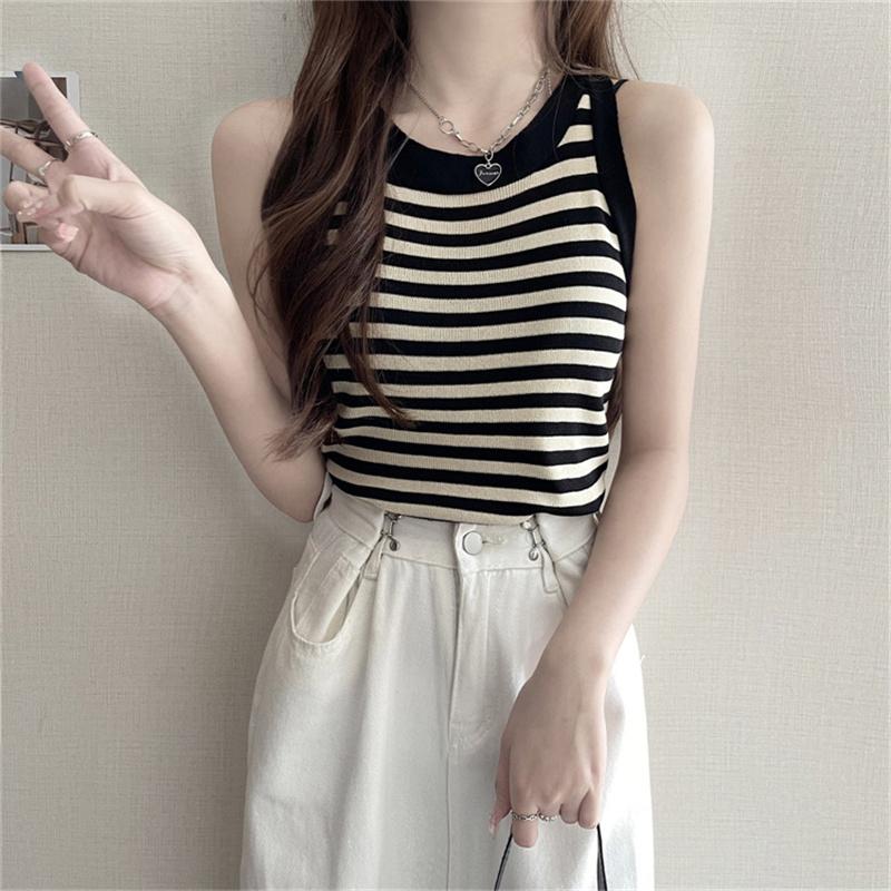 Letní korejské pruhované pletené tílko dámské kulatý výstřih bez rukávů slim tílko