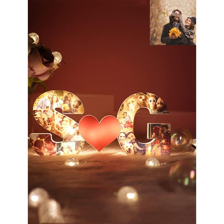 Personalized Alphabet Heart Photo Lights, Letter Collage Heart Night Lamp Bedside Table Lamp, Photo Frame Collage for Family Pictures Gift for Mom