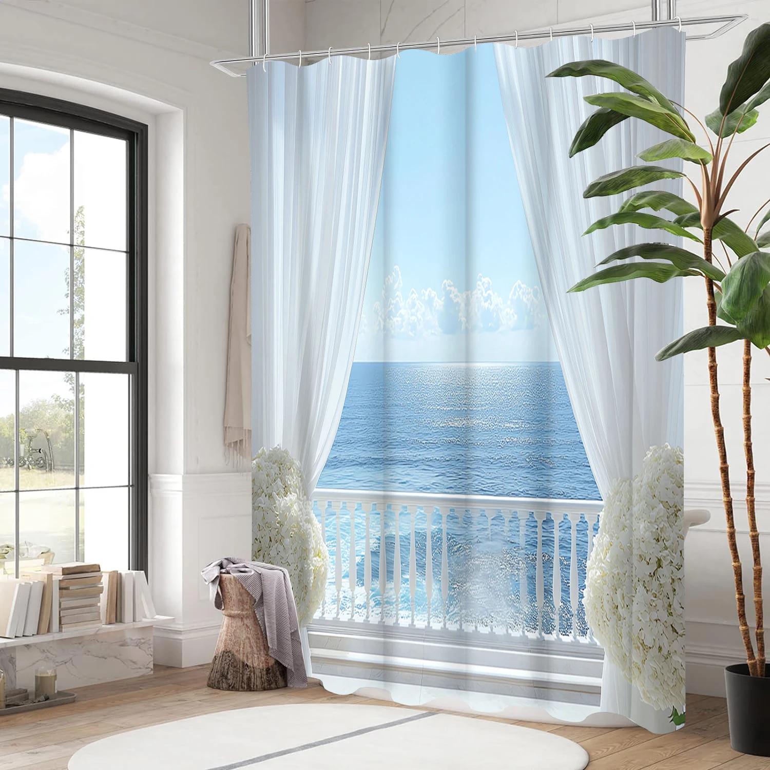 

Sea View And Flower Bathing Curtain Bathroom Shower Curtain Waterproof With 12 Hooks Home Deco W60H190(CM)-1 Pcs