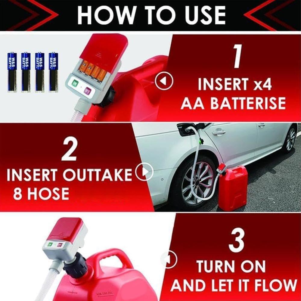 Portable fuel pump with automatic transfer and auto-stop. Comes with a 51-inch hose, and pumps 9.08 liters per minute.