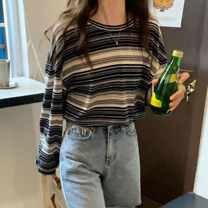 

Женские футболки в полоску с длинным рукавом в стиле Харадзюку с круглым вырезом, корейская модная футболка большого размера, повседневные весенне-осенние топы с графикой y2k, футболки, уличная одежда M