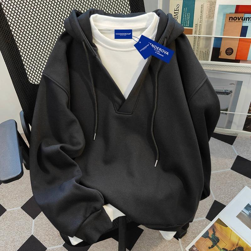 Versatile simple hooded sweater women's autumn and winter fake two-piece campus style splicing loose top