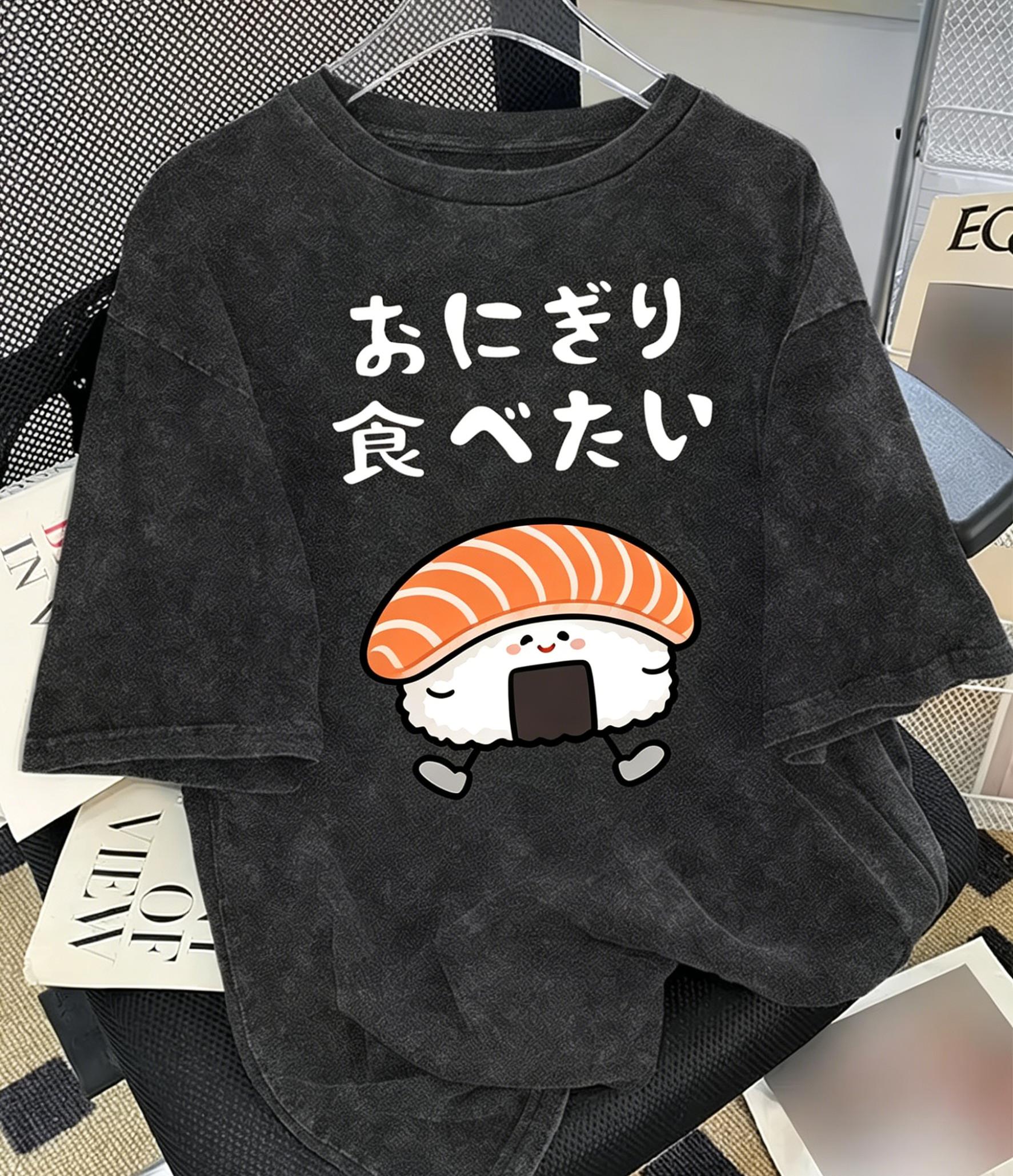 Kawaii Sushi Graphic TShirt Washed Cotton Japanese Streetwear Harajuku Funny Anime Tee Short Sleeve Casual Top Summer S