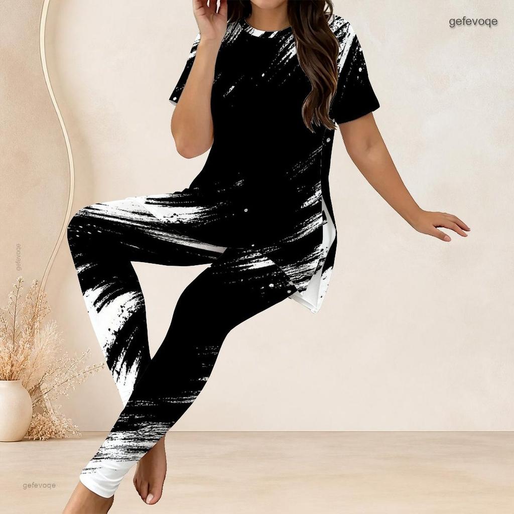 Women Plus Size Two Piece Pant Set Round Neck Short Sleeve Black White Printed Long Top Fitted Pants