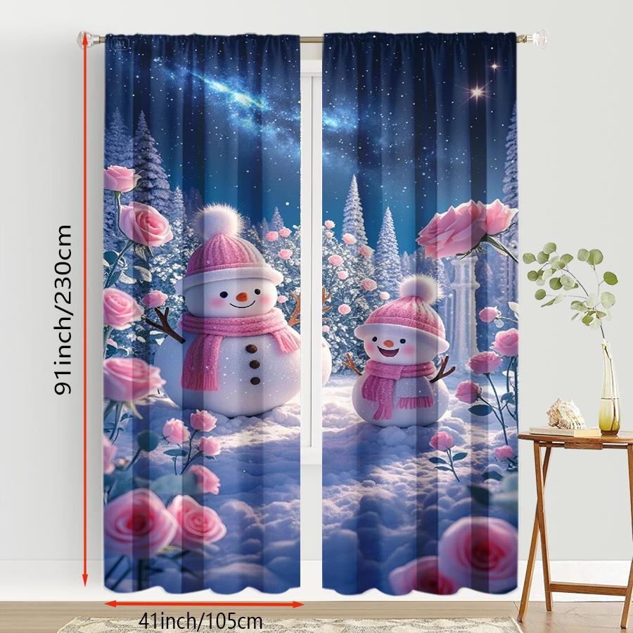 2PCS Pink Rose Snowman Curtains, Dreamy Winter Night Rose Garden Scene, Romantic Christmas Window Drapes for Bedroom Living Room