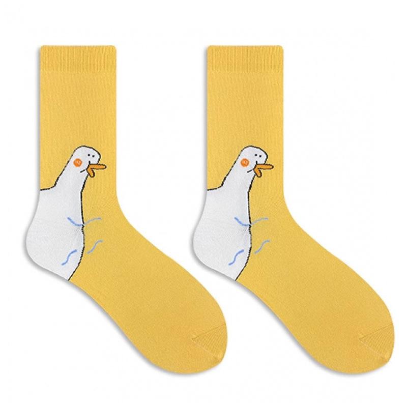 Meias de Cano Médio de Pato Fofo de Desenho Animado Algodão Penteado Absorvente de Suor Meias Sem Costura Tendência da Moda Meias de Cano Longo para Mulheres