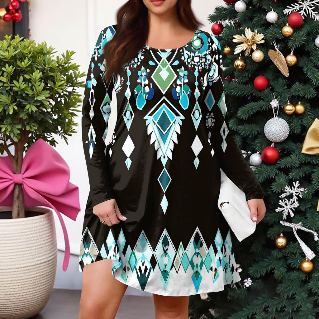 Plus Size Women's Gradient Print Casual Spring/Autumn Pocket Round Neck Long Sleeve Dress