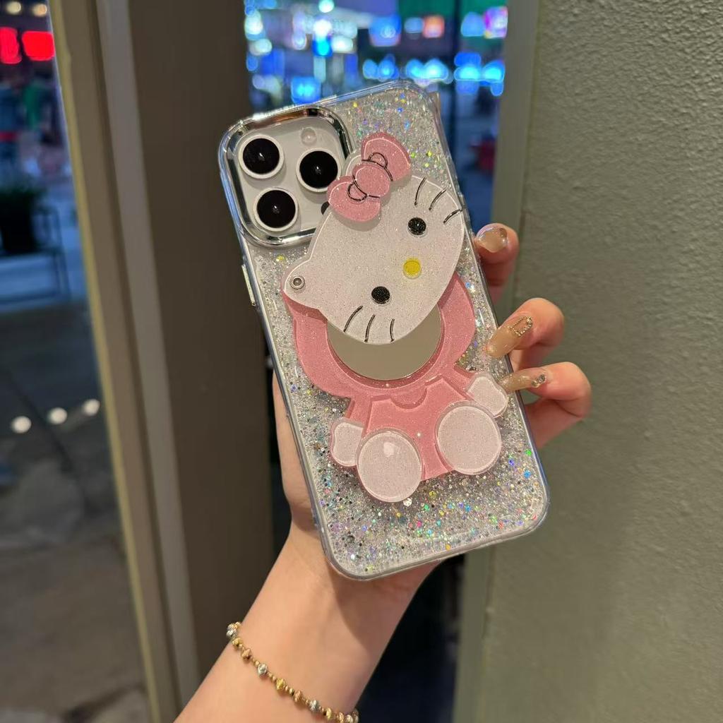 KT makeup mirror is suitable for Apple 15 mobile phone case, transparent glitter, Epoxy 16promax luxury 14 electroplated silver frame.