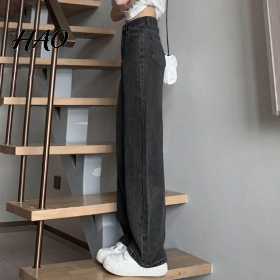 Solid Color High-waist Jeans Women High Waist Button Zipper Closure Vintage Loose Fit Hidden Belly Shape Trousers Pockets Straight Wide Leg Streetwear