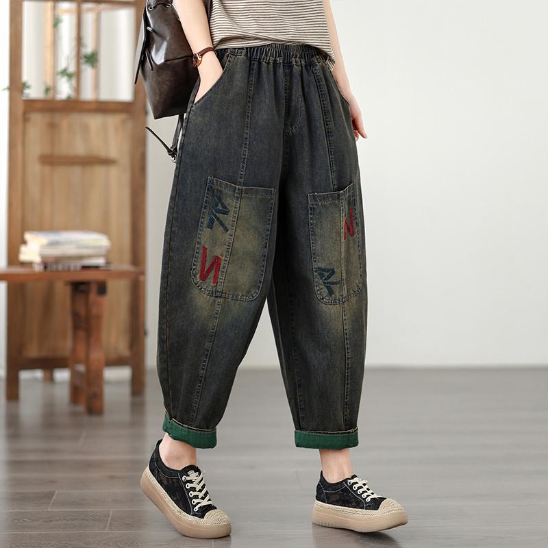 DIMANAF 2026 Summer New Plus Size Women Jeans Elastic Waist Vintage Print Long Pants Loose Casual Denim Cotton Trousers Pants