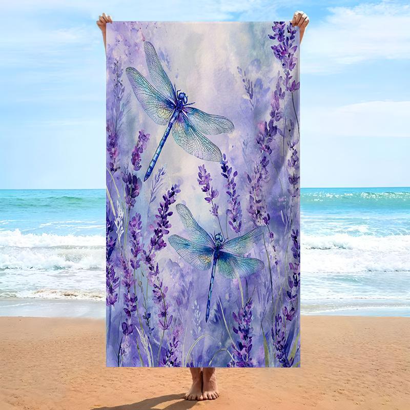 1pc Dragonfly Lavender Beach Towel - Watercolor Style, Soft Microfiber, Oversized, Lightweight & Quick-Dry, Perfect for Swimming