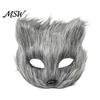 Halloween Costume Accessories Long Fur White Fox Half Face Mask, Masquerade Cosplay Adjustable Mask Elegant Fairy for Ancient Style Photoshoot