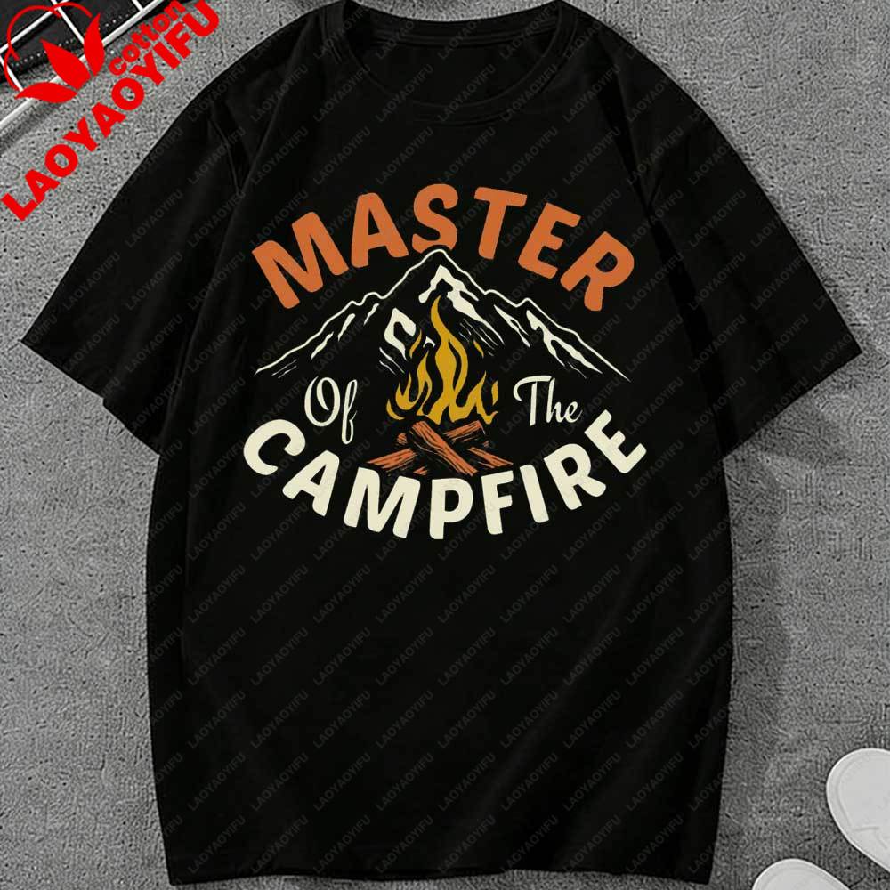 Retro Master Of The Campfire Mountain TShirt Vintage Camping Graphic Cotton Top Perfect Gift for Hiking Camping Outdoor Lovers