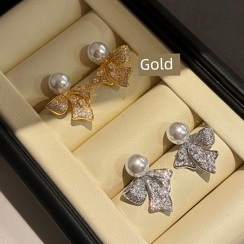 

French Style S Home Bows Pearl Zircon Earrings Female Sterling Silver Needle Light Luxury Minority Fancy Ear Studs Earrings Golden Bows Pearl Earrings