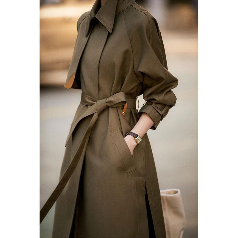 leather lace-up trench coat women's, spring new women's medium and long, waist spring and autumn women's clothing