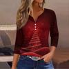 Women's Fashion Casual Christmas Tree Print V-Neck Decorative Button Three-Quarter Sleeve T-Shirt Top