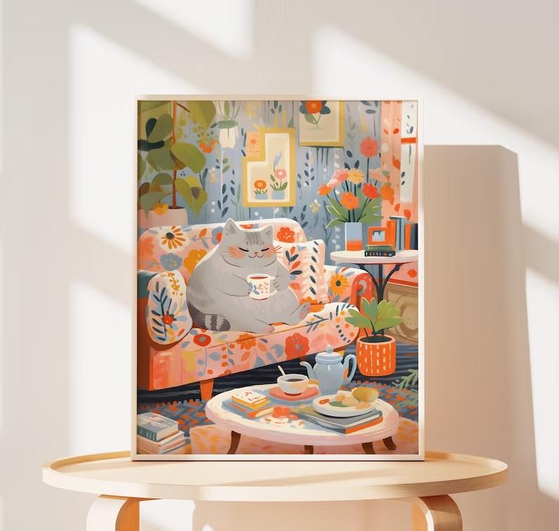 

Скандинавські Милі Коти П ють Каву Принти Тварини Пейзаж Плакат для Дитячої Кімнати Полотно Картина Різдвяний Подарунок Картинки Домашнього Декору 30x40cm No Framed