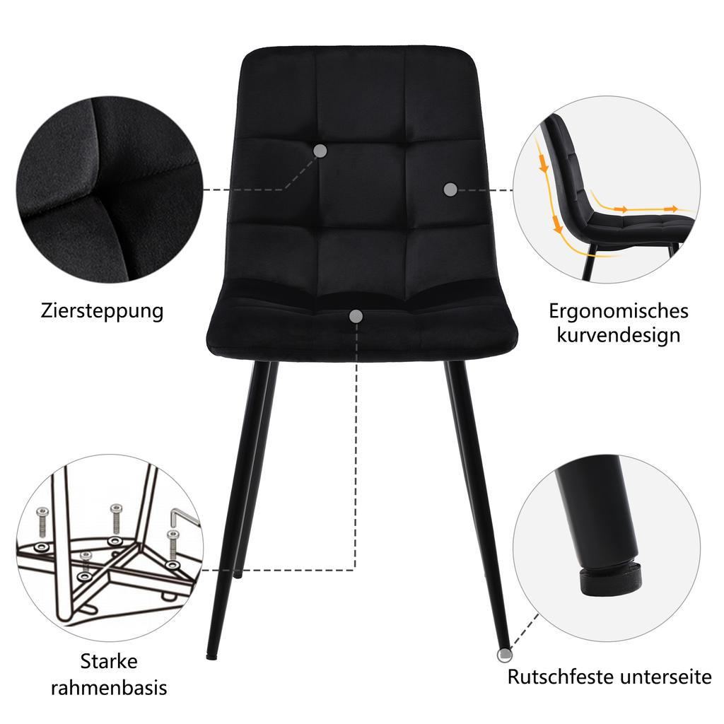 Set tavolo da pranzo moderno (5 pezzi) con 4 sedie, tavolo da cucina rotondo con 80 cm di diametro e gambe in metallo nero, piano in MDF bianco, sedie in velluto nero