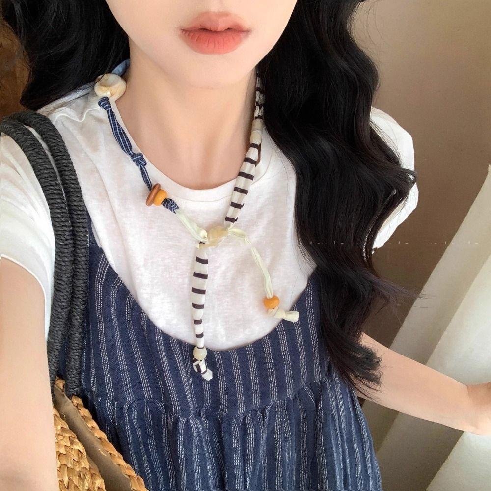 Strip Wood Bead Necklace Clavicle Chain Bohemian Choker Patchwork Cloth Chain Necklace  Girls