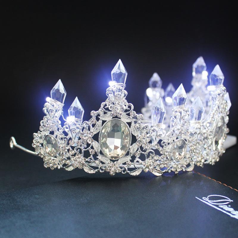 Diamentowe akcesoria do włosów dla panny młodej, stop ręcznie robiony, diamentowe filary kryształowe, świąteczna impreza, świecąca korona LED