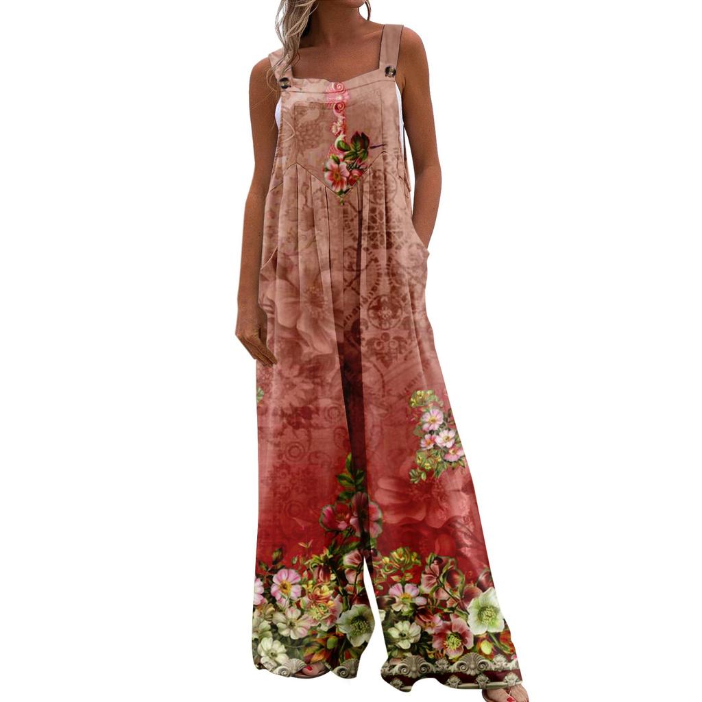 Womens Overalls Casual Print Wide Leg Jumpsuits Bib Rompers Sleeveless Straps With Pockets Outfits