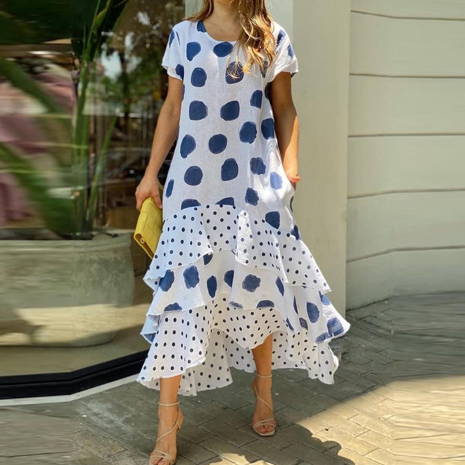 

Женские повседневные летние платья с короткими рукавами, весеннее лоскутное платье миди с круглым вырезом и цветочным принтом в стиле бохо XXL белый