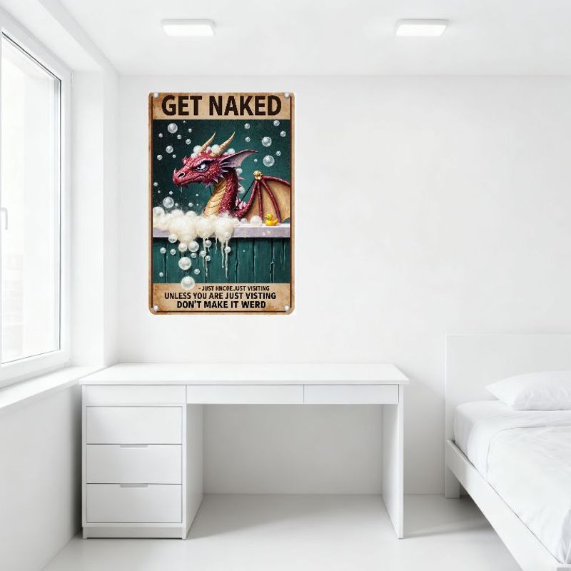 Vintage Red Dragon Bubble Bath Metal Tin Sign, Yellow Rubber Duck Teal Background 'GET NAKED' Whimsical Poster for Man Cave Bar