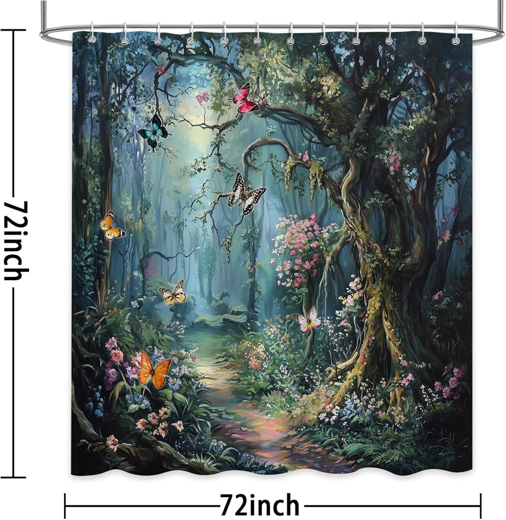 Enchanted Forest Shower Curtain With Butterflies And Flower Path Magical Nature Scene Water Resistant Fabric Artistic Print Home