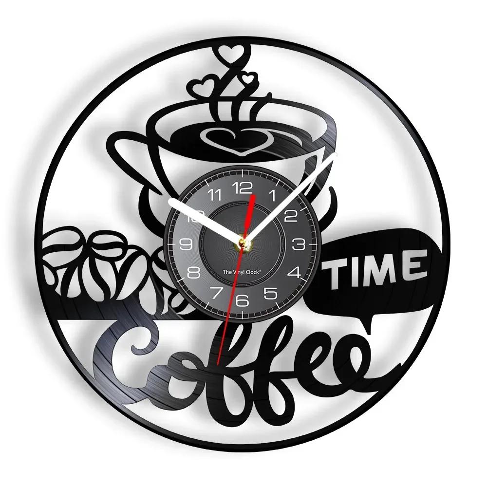 Coffee Cup Cut Out Longplay Wall Clock Kitchen Decor Cafe House Coffee Sign Black Noiseless Hanging Wall Clock Gifts for Barista