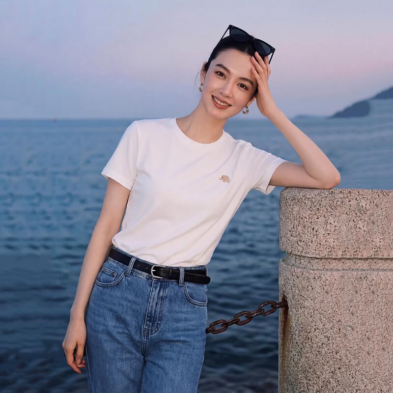 Basic House Women s Embroidered Round Neck Cotton T-Shirt One Size