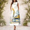 Women Plus Size Round Neck Sleeveless Cartoon Construction Vehicle Printed A Line Long Dress With Pockets